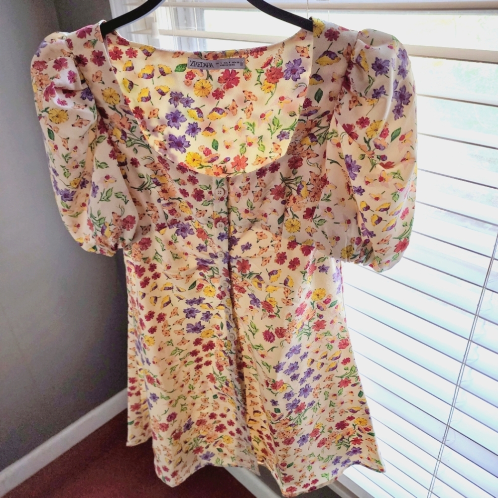 Vacation Chic Floral Print Square Neck Puff Sleeve Chiffon Mini Dress